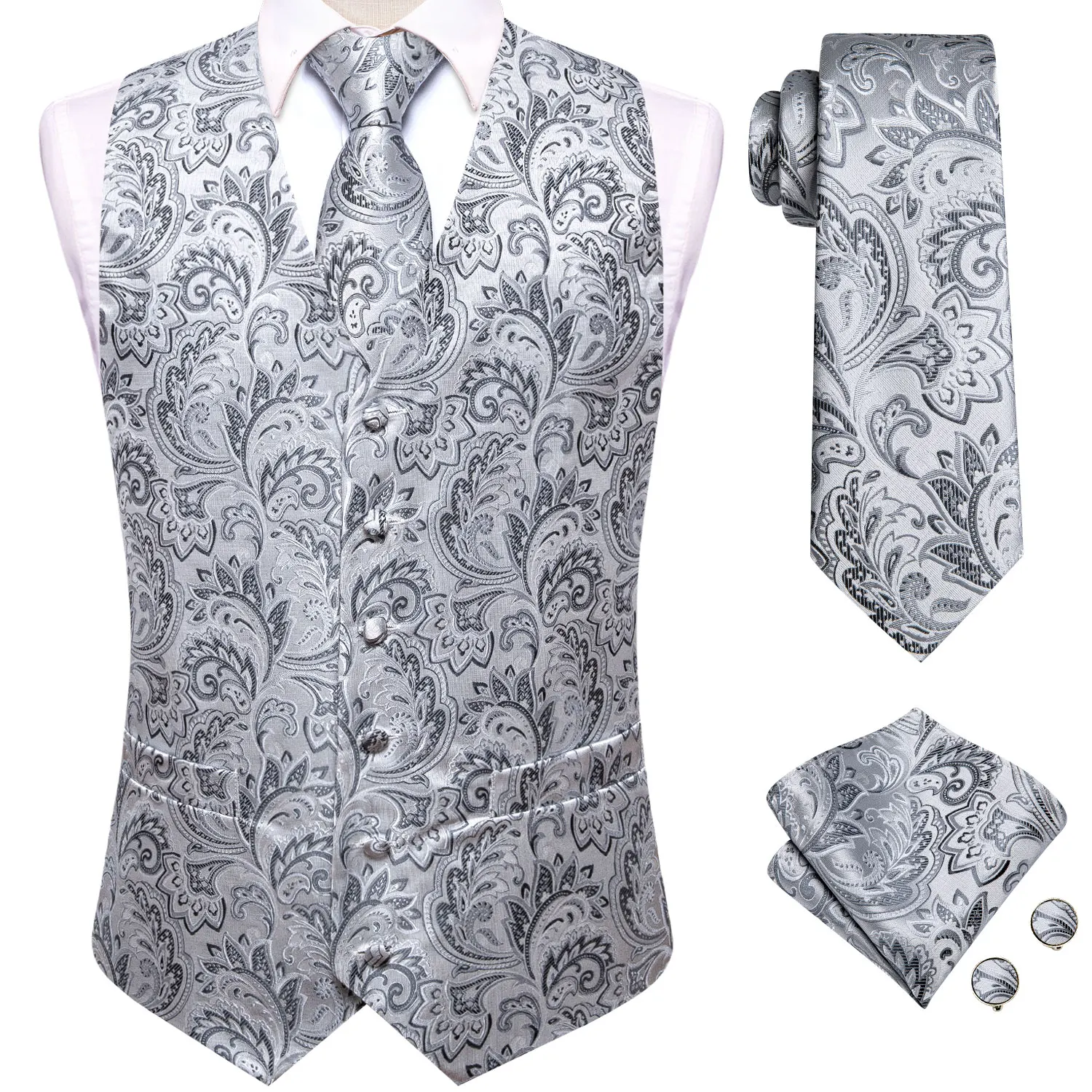 

Luxury Grey Black Silk Men's Vests Paisley Necktie Handkerchief Cufflinks Sleeveless Suit Waistcoat Set Business Designer Hi-Tie