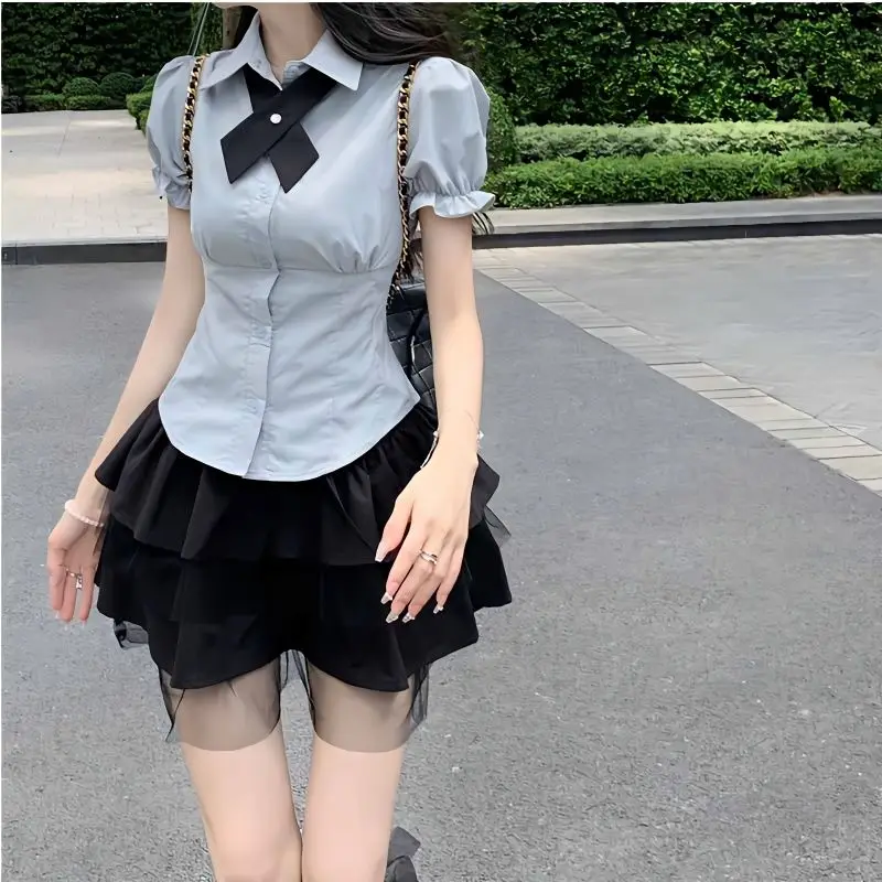 

Korean Summer Skirt Sets Puff Sleeved Shirt + Spliced Lace High Waist Bandage Short Skirt Two Piece Sets Womens Outifits