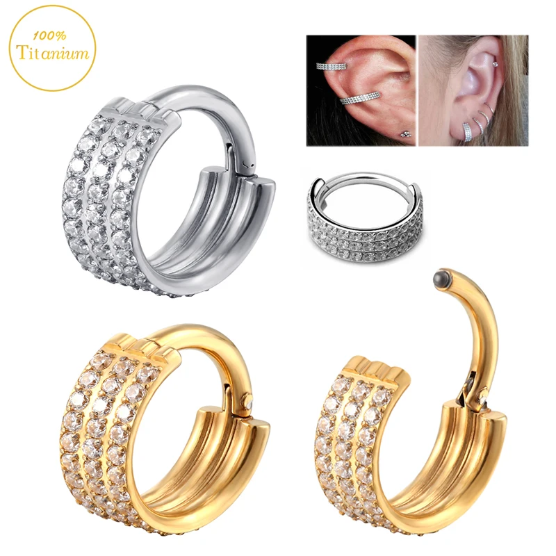 F136 Titanium Ear Piercing Earrings Three Rows Zircon High Segment Clickers Septum Nose Ring Cartilage Tragus Helix Body Jewelry