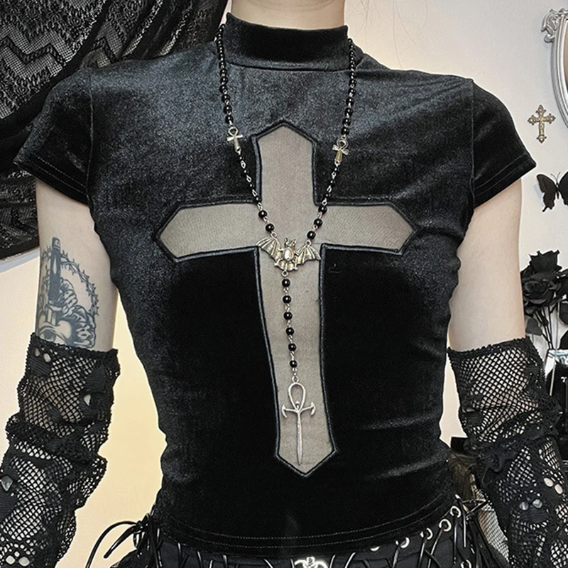 

Y2K Aesthetic Summer Women Criss Cross Short Sleeve T-shirt Gothic Graphic Tee Punk 2000s Retro Slim Fit Crop Top Streetwear