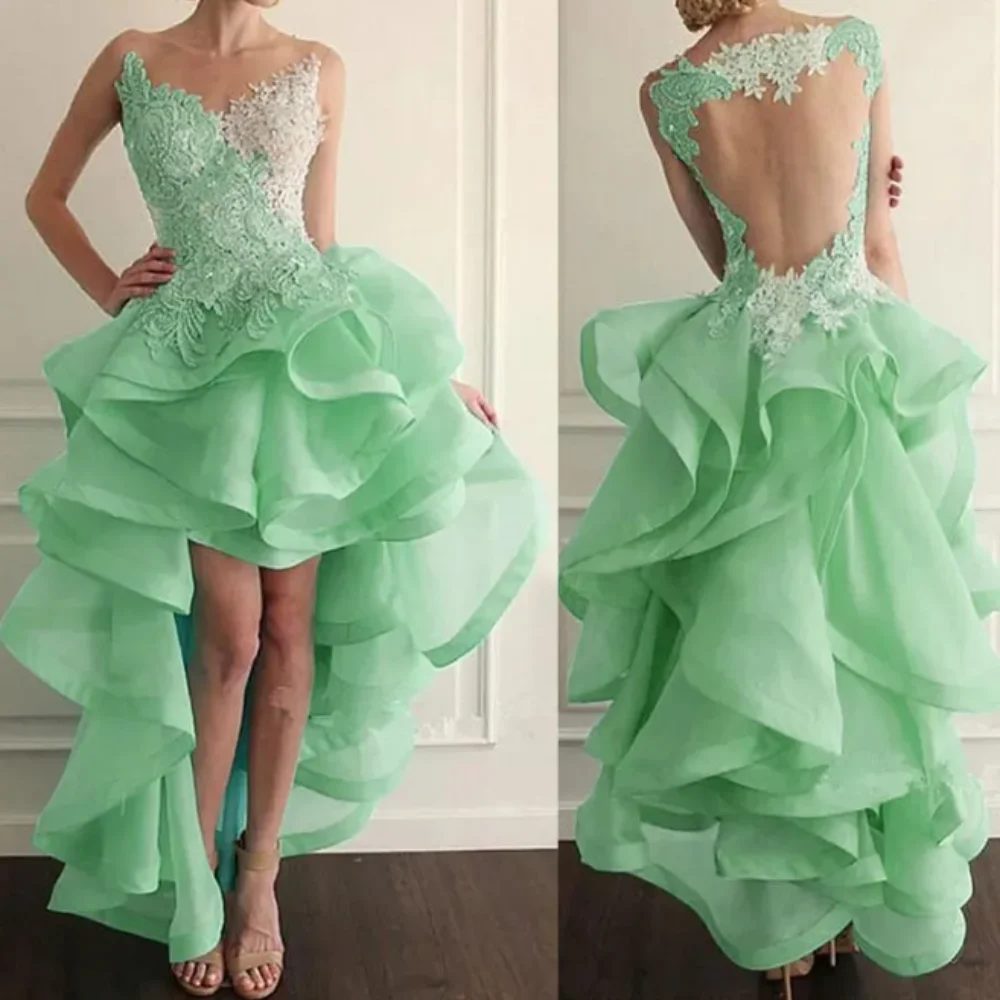 

High Low Organza Prom Party Dress 2024 Sheer Jewel Neck Sleeveless Lace Appliques Ruffled Evening Formal Gowns Robe De Soiree