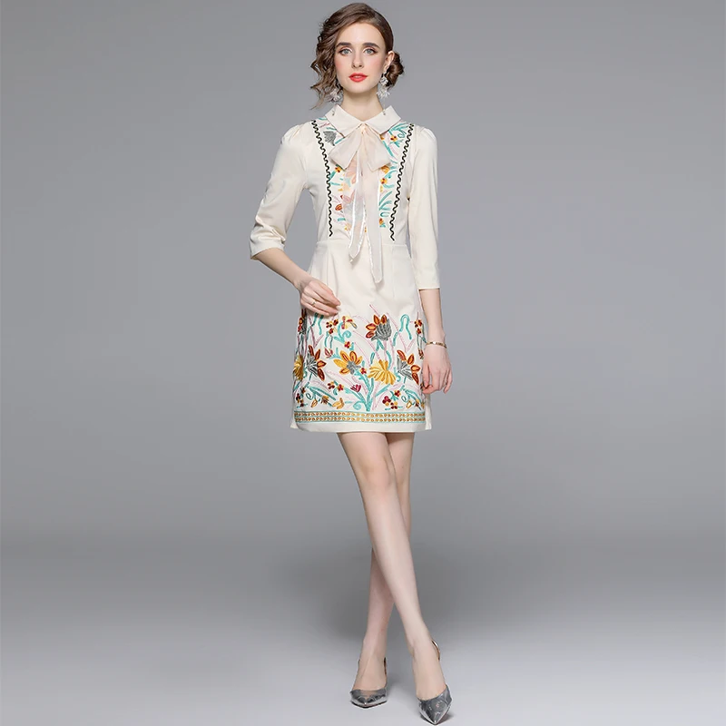 

New Spring Embroidery Flower Bow Tie Dress Celebrity Floral Temperament Fashion Above Knee, Mini Vestidos De Fiesta Wholesale