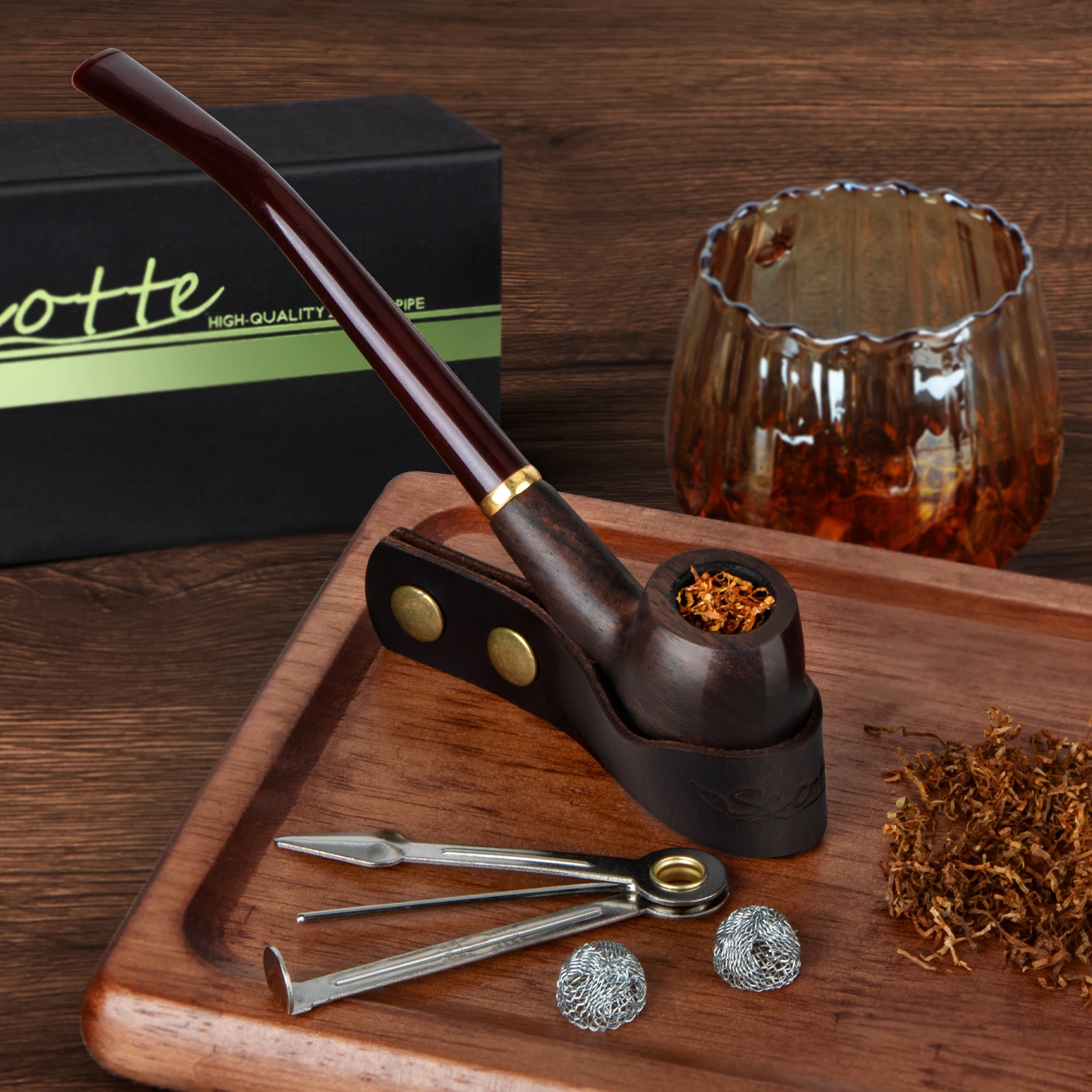 Scotte Handmade Pipe with Replaceable Stem Pipe Stand Cleaner Tools Various Accessories Kit in Gift Box for Pipe Lovers for herb smoking pipe,tobacco pipe,smoking pipe,tobacco smoking accessories,smoking accessories