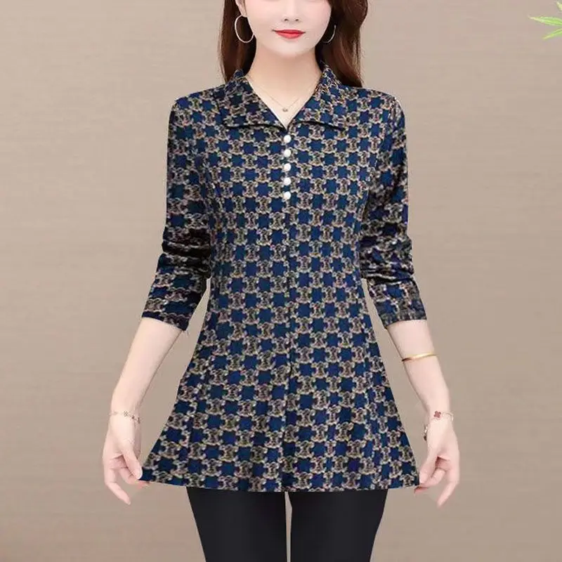 

Mommy Outfit Spring Autumn Korean New Polo Collar Pullover Trendy Button Plaid Pocket Splicing Shirt Versatile Long Sleeve Tops