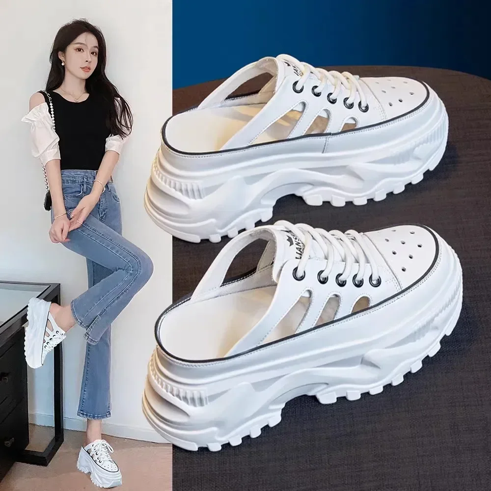 

Genuine Leather Women Summer Shoes Platform Slippers Wedge Sandals Rhinestone Hollow Female Slip on Shoes White Sandals Women