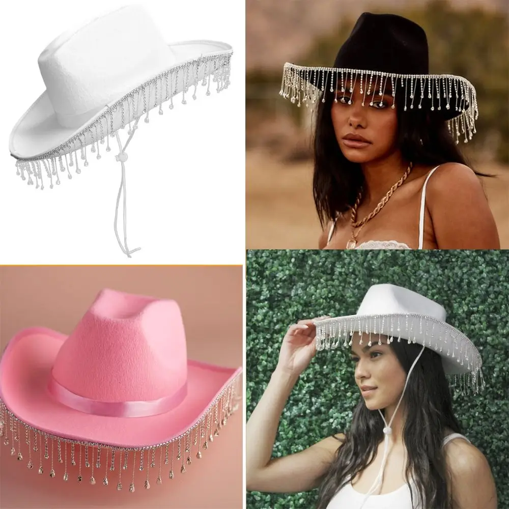 

Practical Festival Party Diamond Fringe West Fancy Dress Cowboy Hat Bride Cowgirl Hats Rhinestone Cap