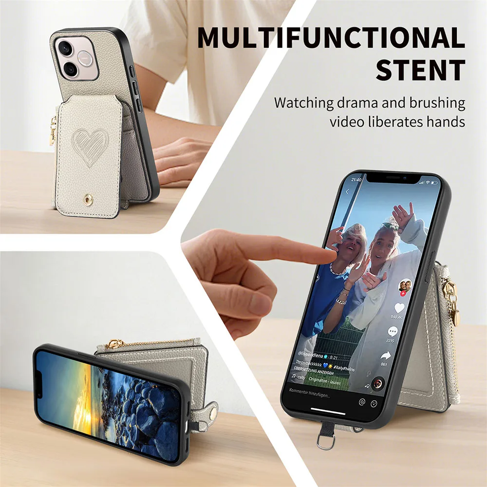 Zipper Wallet Leather Phone Case with Card Holder and Lanyard