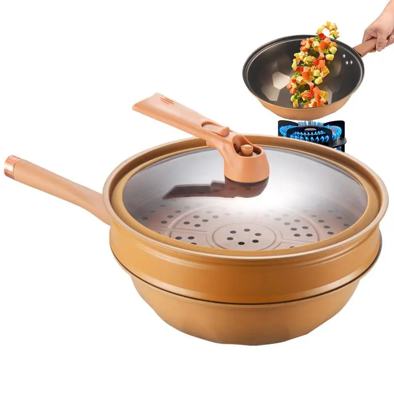 

Non-Stick Wok Quick Heating Kitchen Pan For Frying Kitchen Utensile Fast Heat Wok With Steamer Basket Micropressure Clay Natural