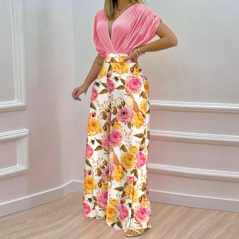 conjunto mulher peças chique verão profundo com decote em topos calças compridas terno moda impressa senhora do escritório elegante roupas das mulheres por atacado