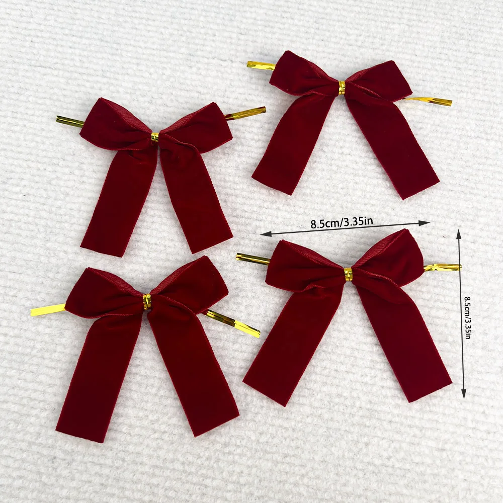 48-12PCS Burgundy Velvet Bows for Christmas Tree Decorations Wreath Garland Velvet Bows with Twist Tie 2025 Xmas Gift Decor