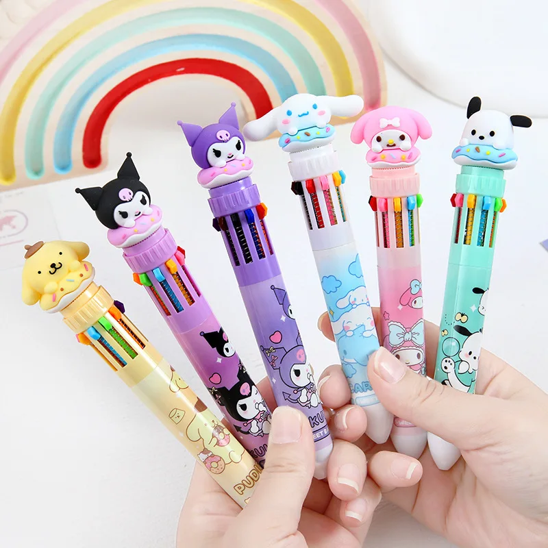 Ballpoint Pen Sanrio Press Ten Color Cartoon Kawaii Kuromi Multi-color Students Gel Pen Melody Sanrio Stationery Write Cute Pens