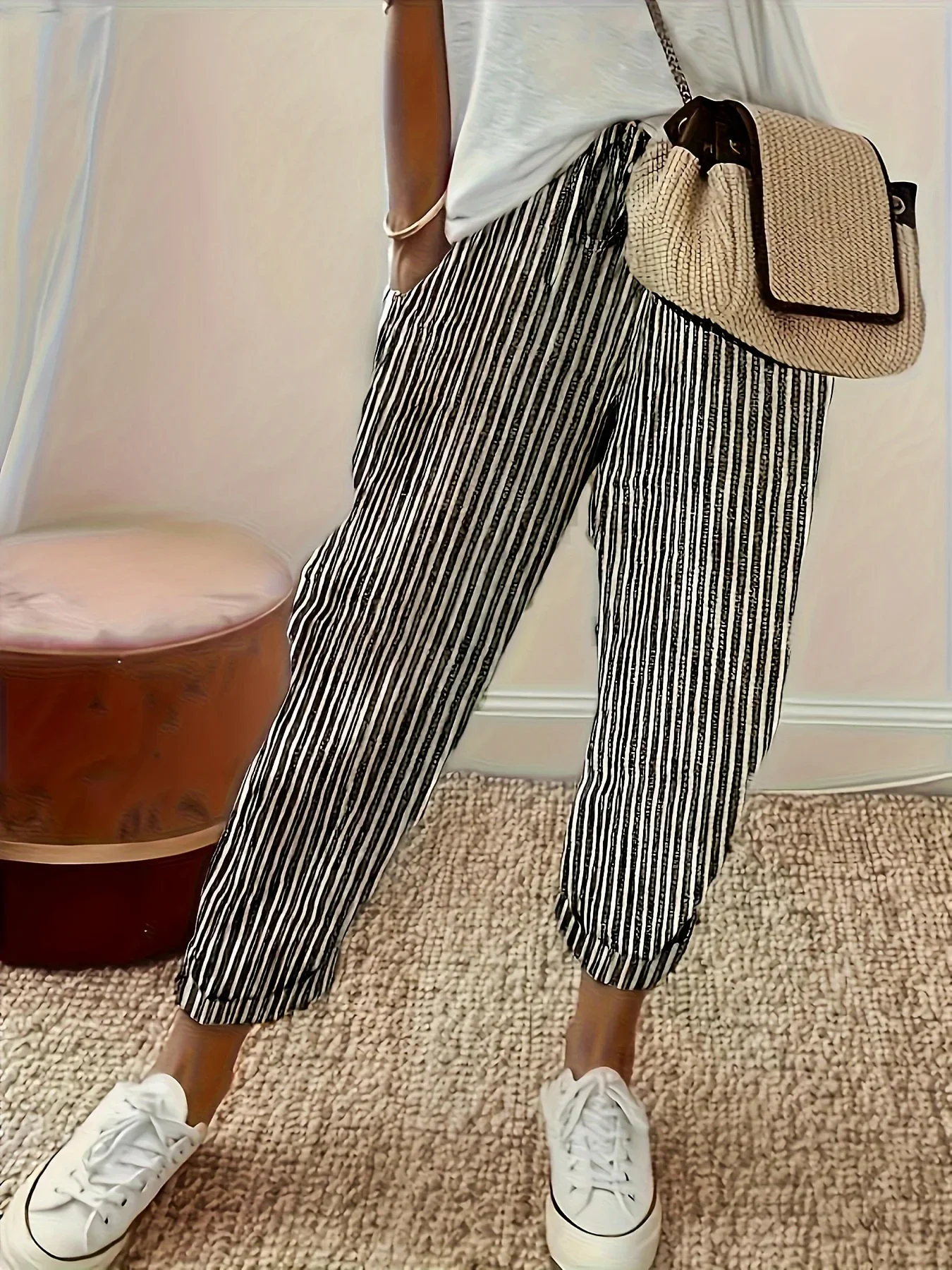 Stripe Print Harem Pants, Casual Elastic Waist Baggy Pants For Every Day, Women's Clothing