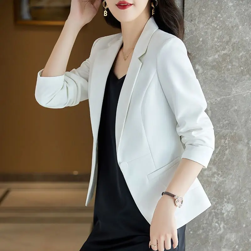 

Белый Женский блейзер, деловая Офисная Женская куртка с карманами, облегающий Женский Повседневный Топ, корейский костюм, пальто, весна-осень Q884