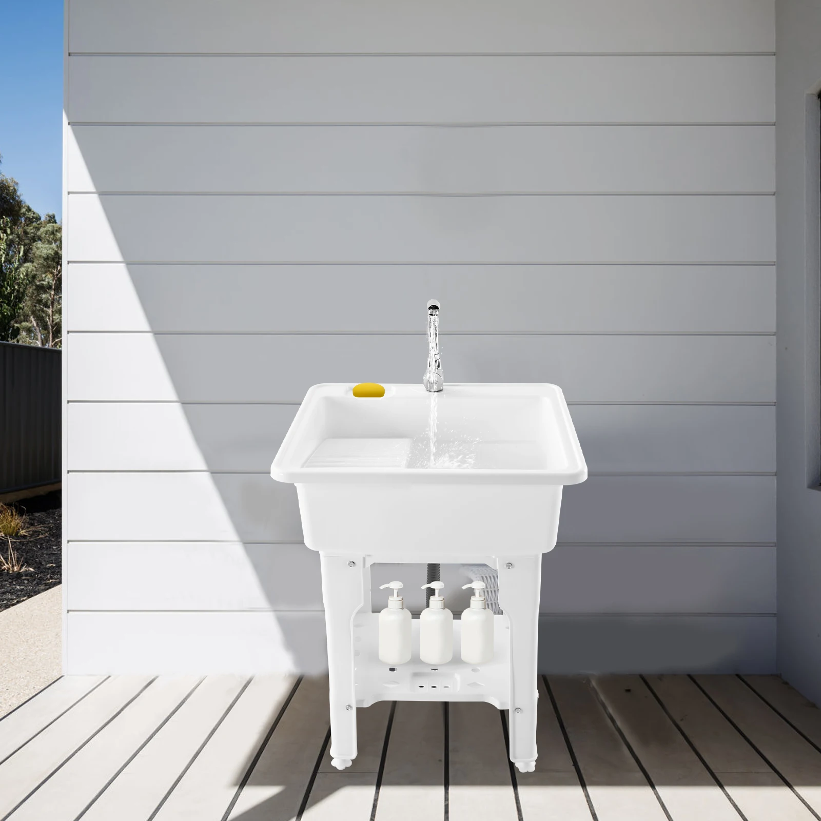 Freestanding Utility Sink w/ Washboard Floor Mount Hot + Cold Faucet Kit White Durable Laundry Sink Wash Bowl Basin Faucet Drain 2