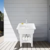 Freestanding Utility Sink w/ Washboard Floor Mount Hot + Cold Faucet Kit White Durable Laundry Sink Wash Bowl Basin Faucet Drain 2
