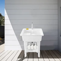 Freestanding Utility Sink w/ Washboard Floor Mount Hot + Cold Faucet Kit White Durable Laundry Sink Wash Bowl Basin Faucet Drain 2