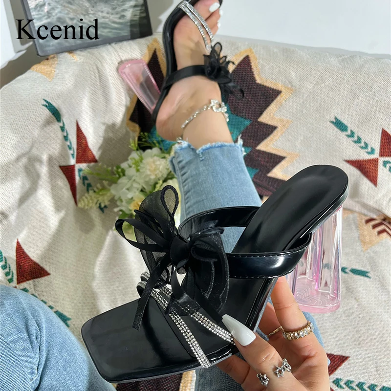 

Kcenid Fashion Transparent Square Heel Crystal Narrow Band Butterfly-knot Sandals Women High Heels Slippers Zapatos De Mujer