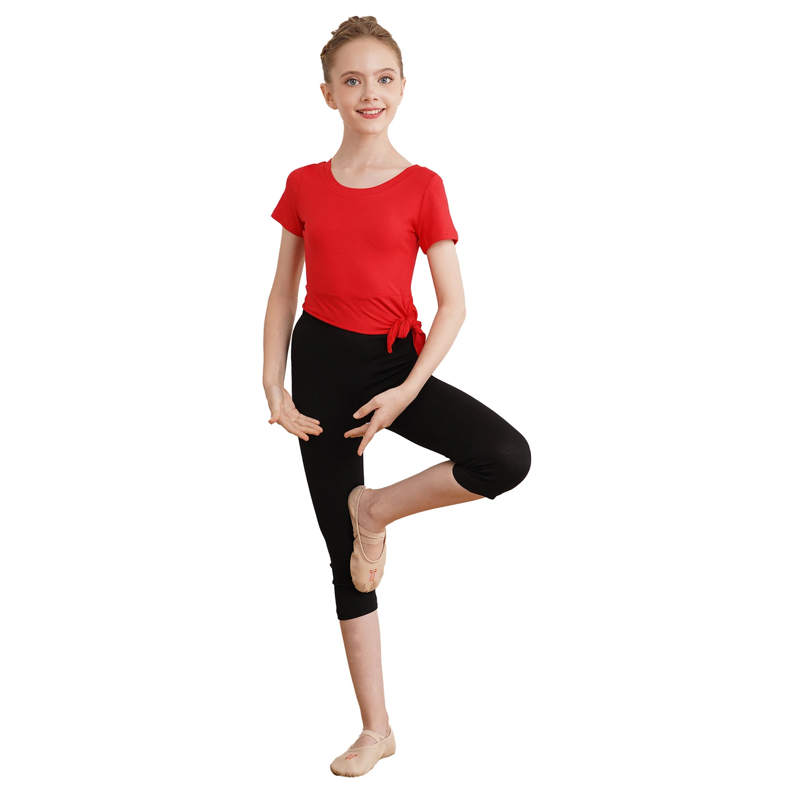 

Kids Girls Modern Dance Gymnastics Training Outfits Short Sleeve Irregular Hem Crop Top with Cropped Pants Leggings for Yoga