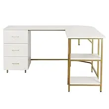 Our modern desk l shape has a design that features plenty of storage shelves & drawer cabinet