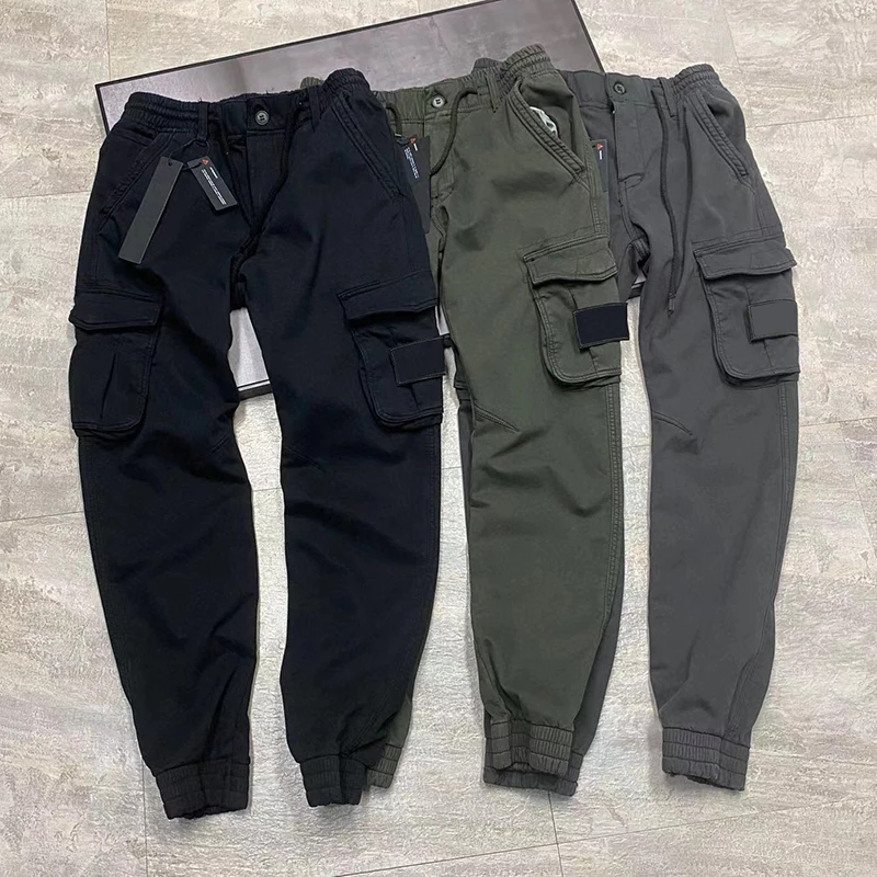

Autumn Winter Men's Cargo Pants Plush Overalls Large Pockets Drawstring Tactical Workwear Trousers MA672