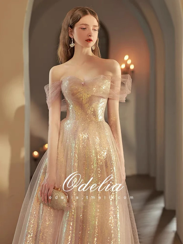 

Candy Pink Prom Dresses Boat Neck Off Shoulder A-Line Shiny Sequin Beading Elegant Evening Party Gowns For Women