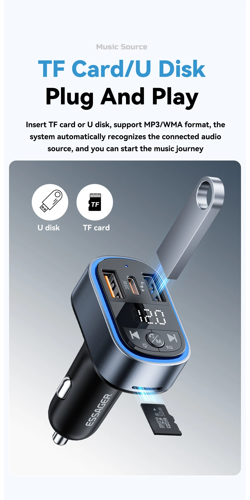 FM Bluetooth5.3 Transmitter 35W USB Type-C Dual Ports PD QC Car Charger Aux Radi