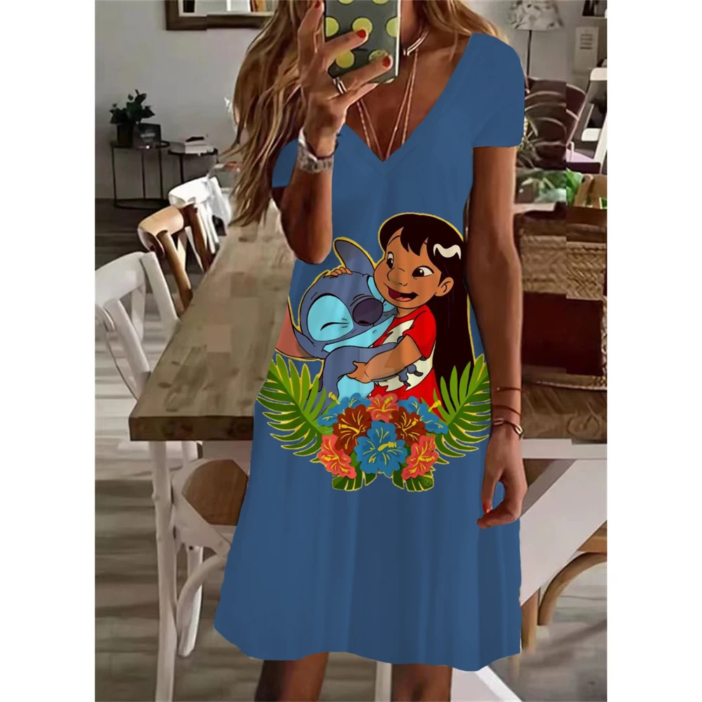thumbnail image 1 of Nuevos vestidos cortos sexis de verano para fiesta para mujer, vestido con cuello en V y estampado de Lilo y Stitch de Disney, vestido hasta la rodilla de manga corta para tallas XS-5XL, 1 of 4