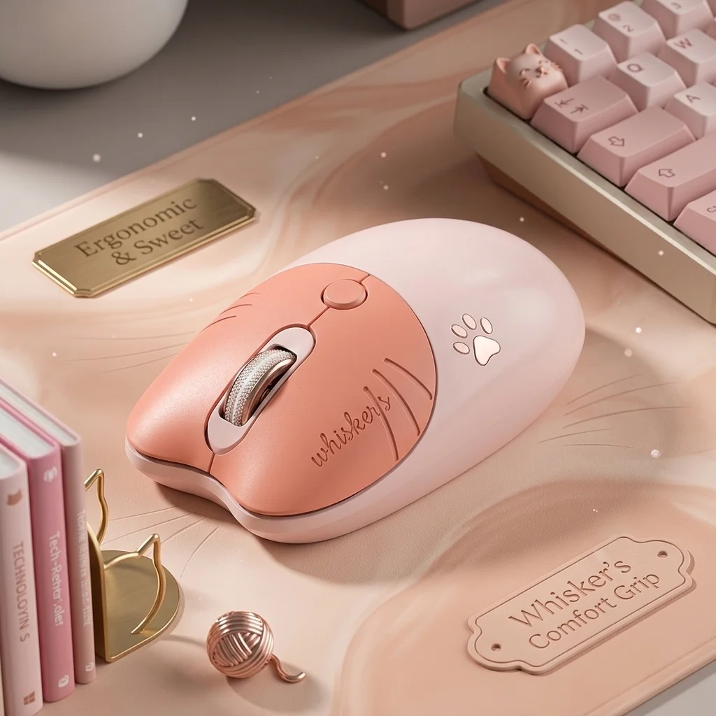 귀여운 고양이 무선 배터리 마우스, 여성용 휴대용 무소음 클릭 미니 디자인 마우스, 노트북 PC 사무실 컴퓨터 마우스용