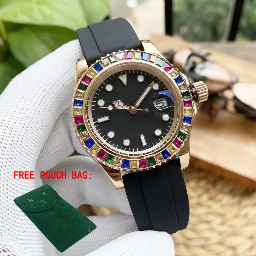 

Luxury New Automatic Watch for Men Mechancial Watches Stainless Steel Rainbow Diamond Candy Black Rubber Rose Gold Sapphire 40mm