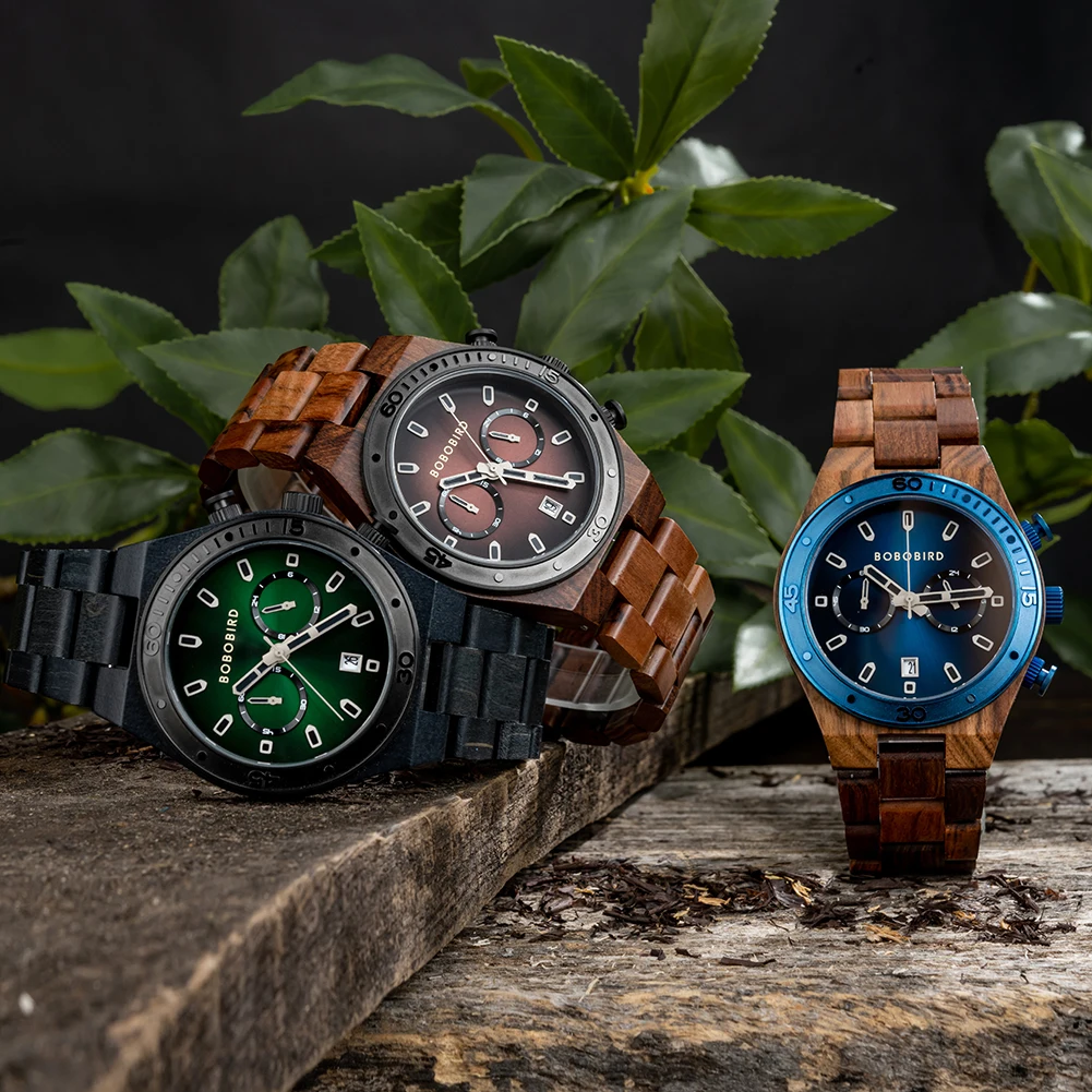 BOBO BIRD Wooden Men Watch Fashion Business Quartz Wristwatch Custom Engraved Wood Chronograph Watches with Date Display