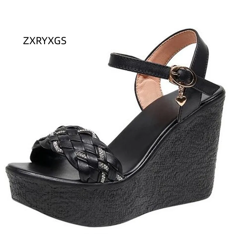 

ZXRYXGS Light Comfort Summer Women Sandals Wedges Thick Soled Sandals New 2024 Rhinestone Woven Cowhide Roman Sandals Large Size