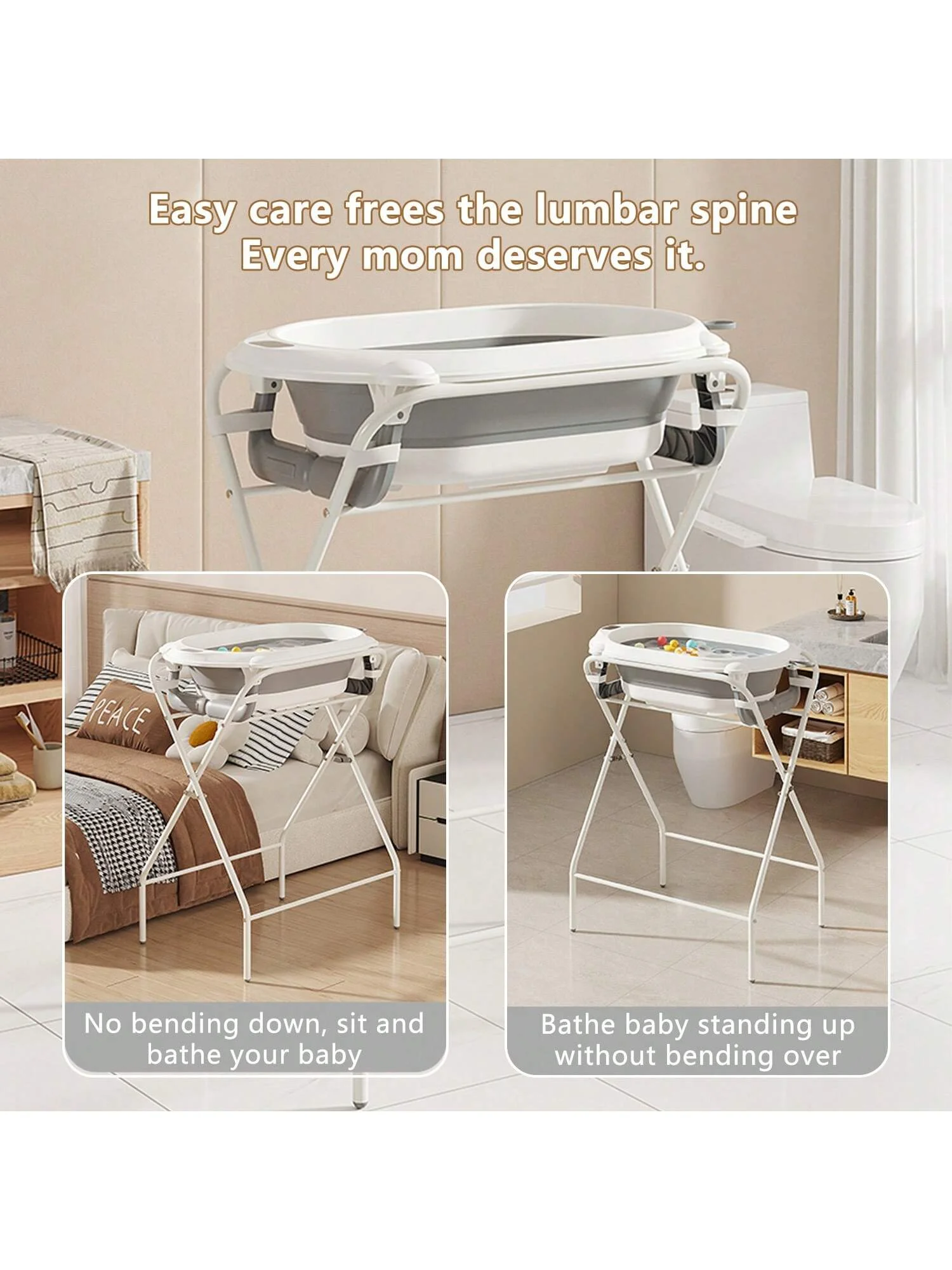 Foldable Baby Bath Tub with Stand, Built-in Thermometer,
