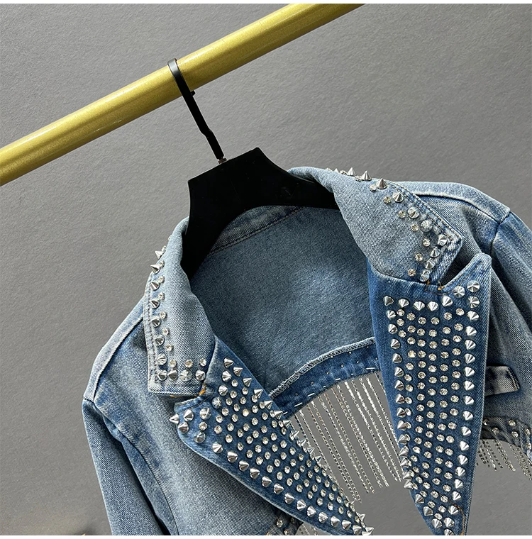 American Punk-style rivet denim jacket retro high-waisted fringed
