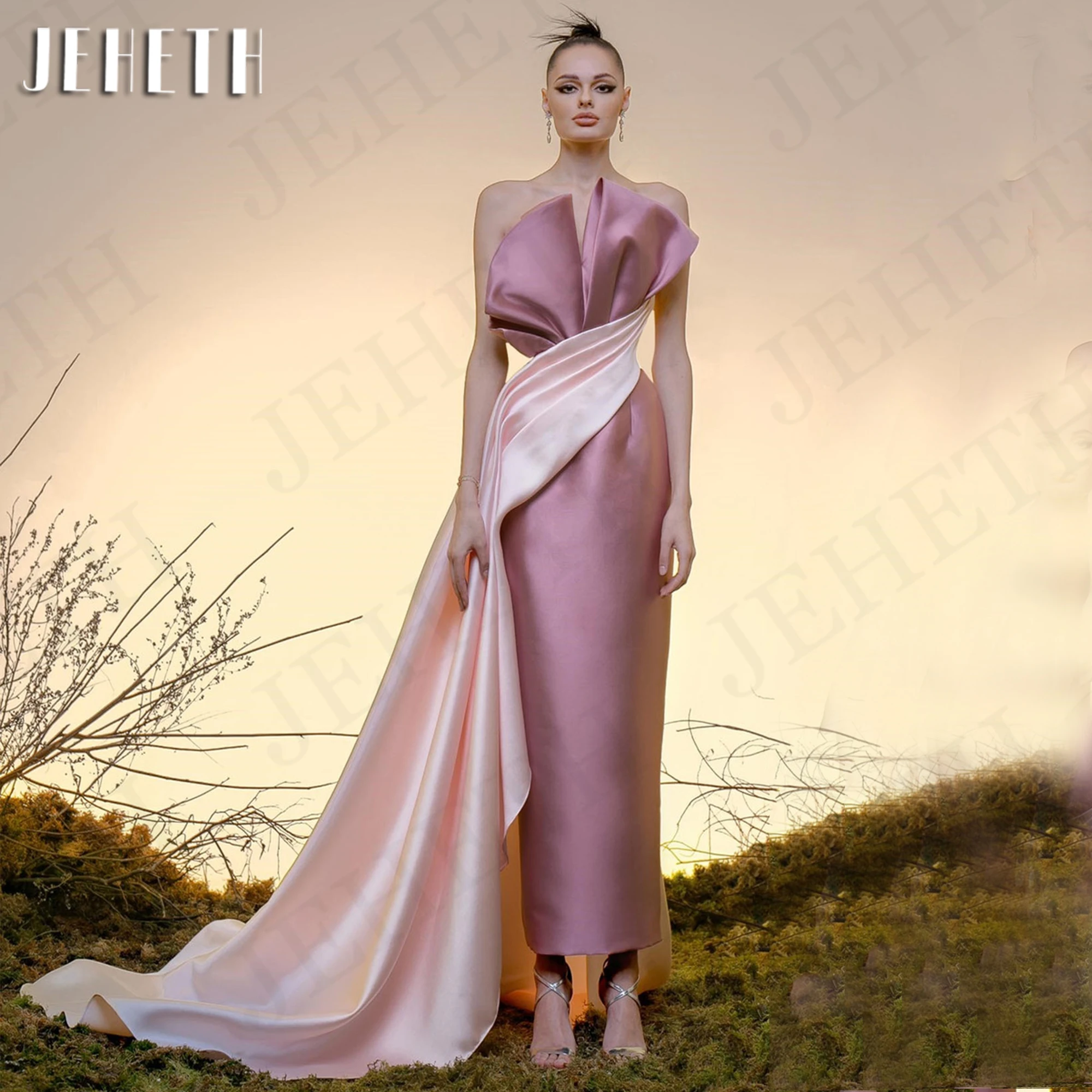 JEHETH Elegant Evening Dresses for Woman Party Mermaid Formal Satin Strapless Prom Dress Sleeveless Pink فساتين سهرة Customized 4