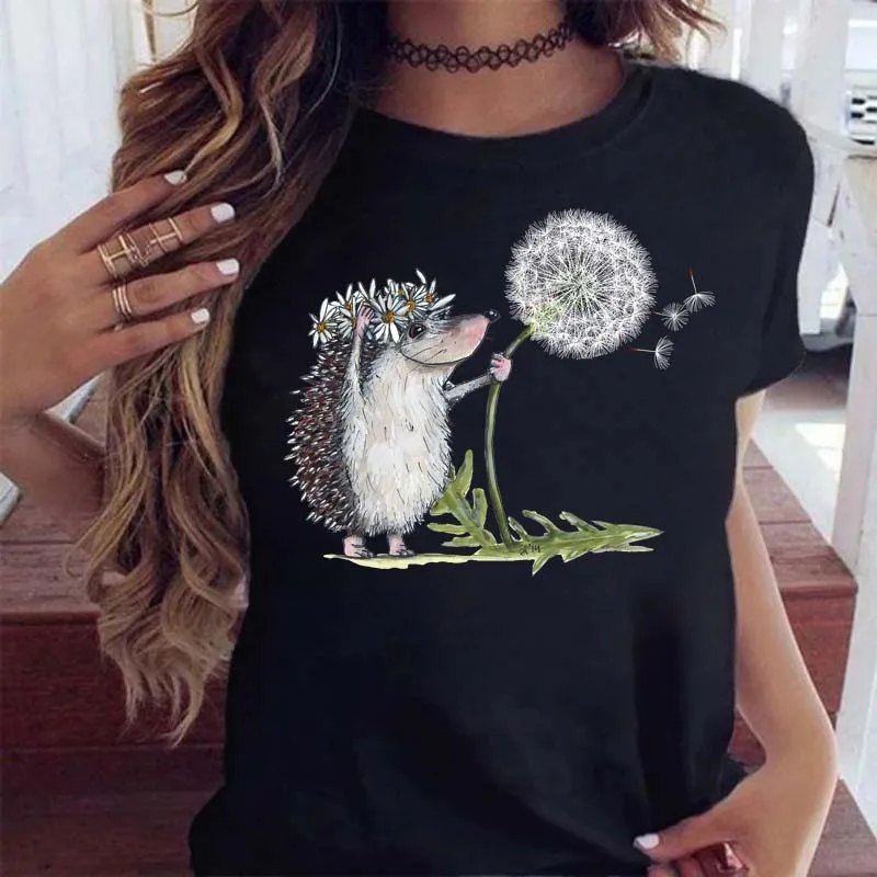 

Summer Casual Short Sleeves Tee Tops Kawaii Women Tshirt Streetwear Cute T-shirt Female Hedgehog Dandelion Print Tshirt