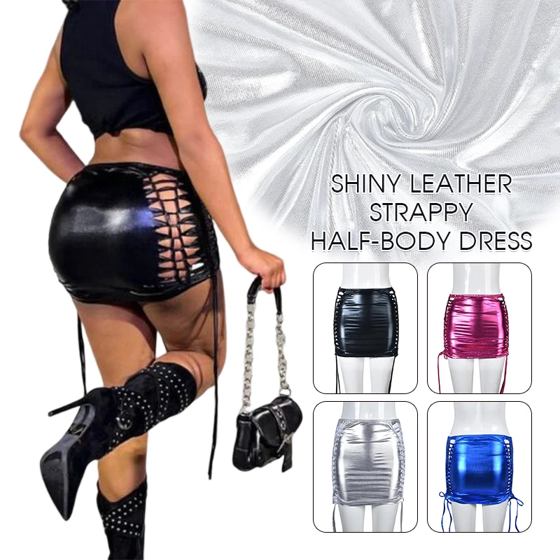 Womens Fashion Hollow Out Lace-Up Mini Skirt Gothic Clubwear Wet Look Patent Leather Skirts Mini Bodycon Shiny Pencil Skirts