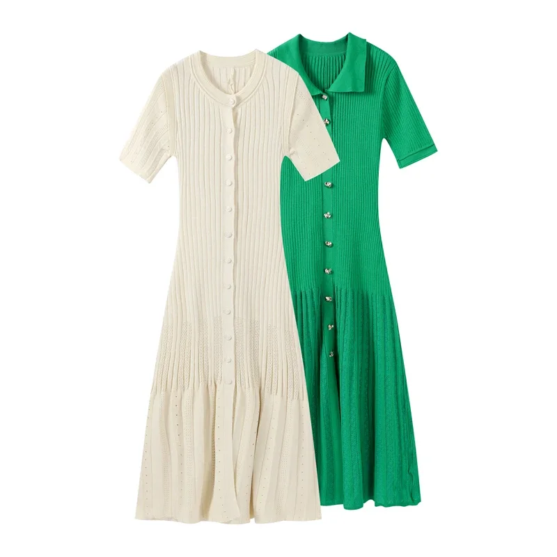 Knit Solid Women's Dress Short Sleeve O Neck Lady Dresses 2025 Elegant Summer Single Breasted Hip Package High Waist Female Rube