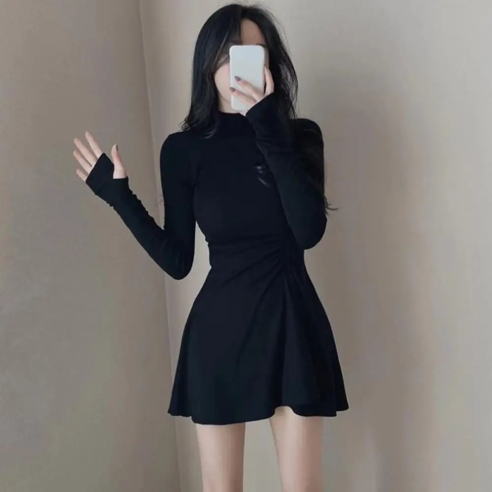 Long Sleeved Christmas Red Dress Short Skirt Pleated Girls Irregular Dress Half High Collar A-line Slim Thin Dress Streetwear