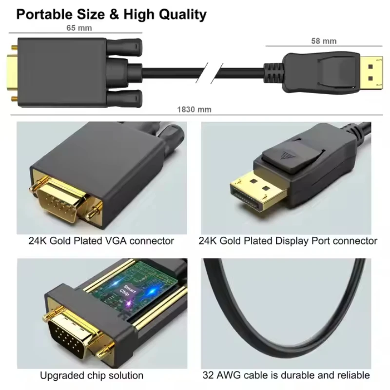 DP-VGA ̺ DisplayPort-VGA  ȯ TV   HD  ̺ Ʈ ǻ  VGA 1080P @ 60Hz