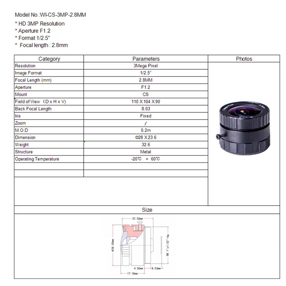HD 3MP 2.8mm Lens CS Mount F1.2 1/2.5" for Surveillance Security CCTV AHD IP Cameras image 5