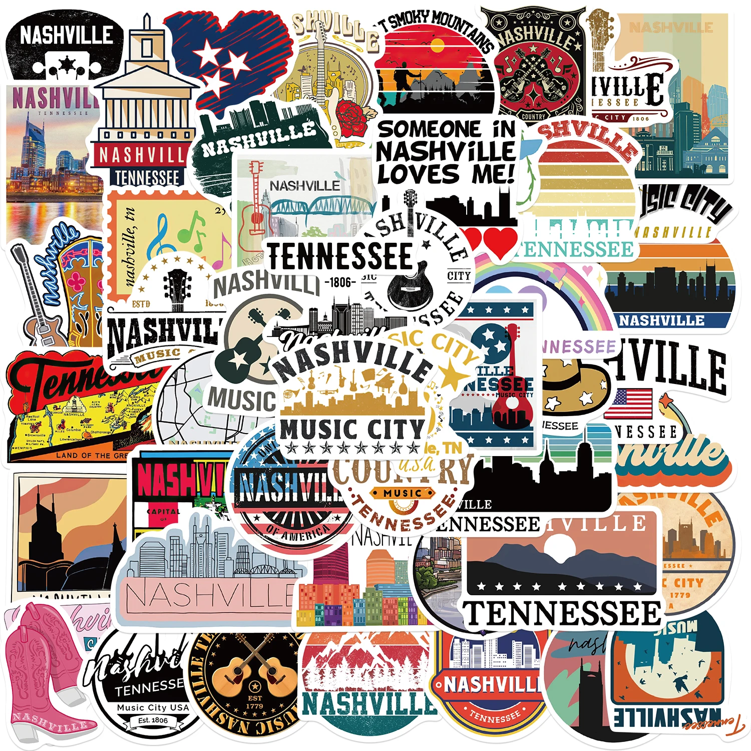 

50pcs Nashville Tennessee Landscape Stickers For Laptop Luggage Guitar Diary Waterproof Graffiti Vinyl Funny Cartoon Decals