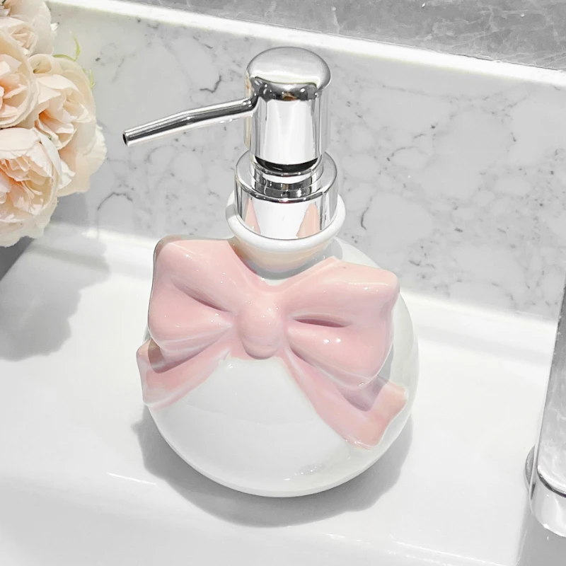 1pc Ceramic Bow Lotion Bottle Hand Sanitizer Press Bottle Body Wash, Hair Conditioner Bottled Separately Bathroom Accessories