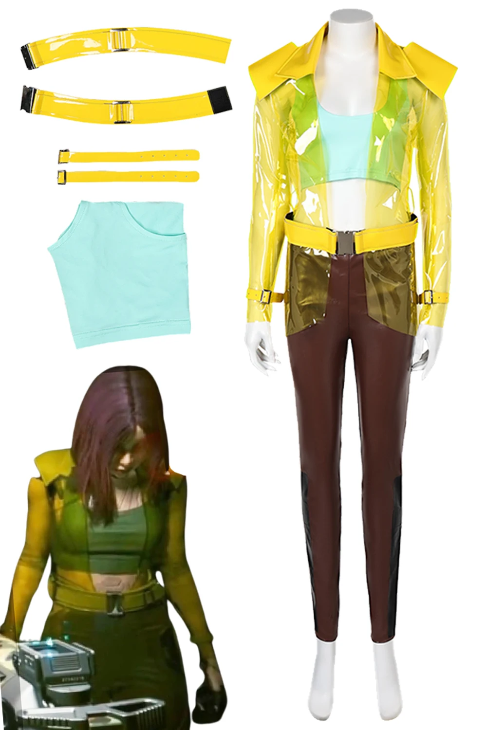 

Игра 2077 Женская Маскировка Lark Косплей желтая куртка наряды костюмы на Хэллоуин Карнавал искусственная Маскировка Костюм для ролевых игр