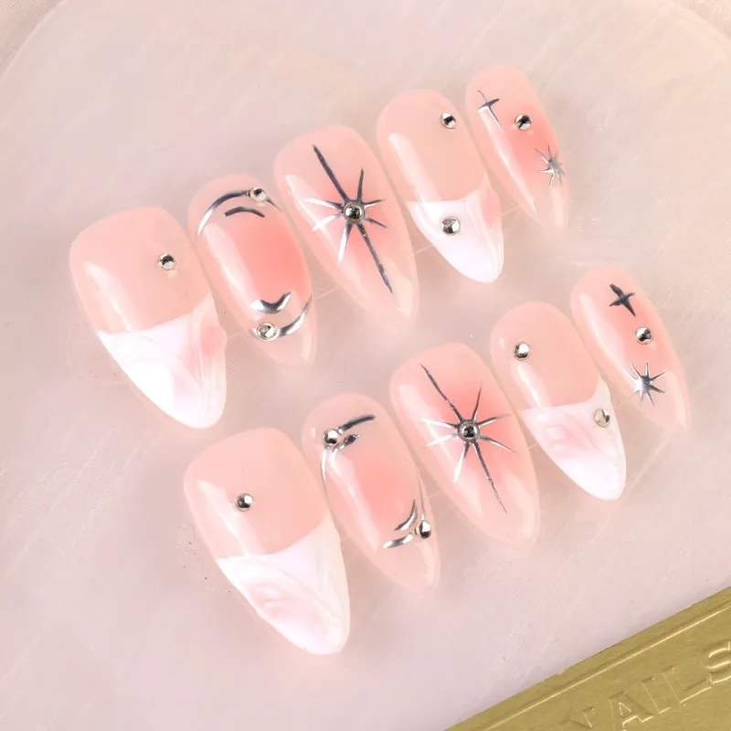 

10pcs Handmade Press On Nails Pink Gradient Fake Nails With Star Rhinestone Design