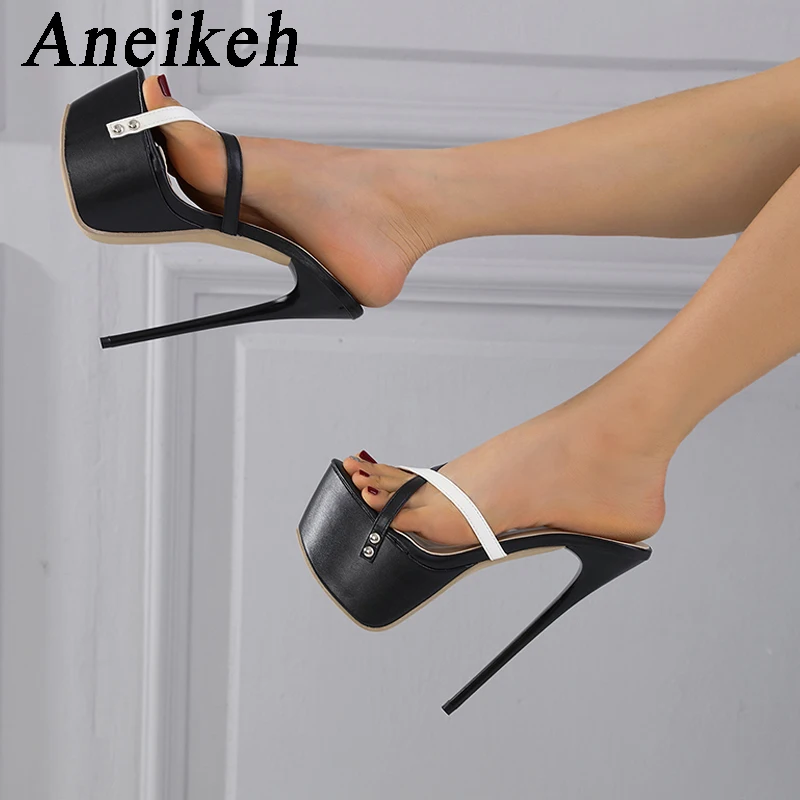 Aneikeh Summer Sexy Thin High Heel Women Platform Sandals Fashion PU Narrow Band Shallow Open Toe Party Dress Slingbacks Shoes