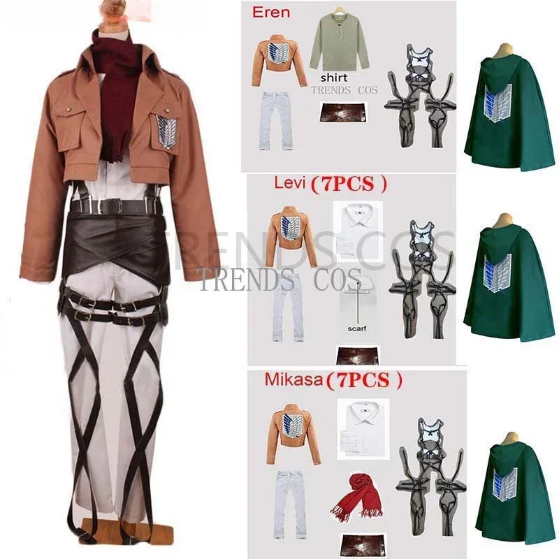 

Male/Female Mikasa Cosplay Costume Eren Jaeger Outfits Levi Ackerman Hange Cosplay Costume Full Set Shirt Pant Cape Scarf