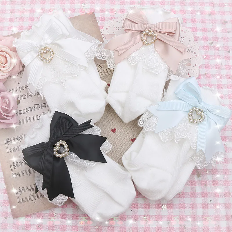 Japanese Lolita Style Sweet Cute Lace Pearl Heart Pendant Back Bow Soft Girl Short Socks Women's Stockings Apparel Accessories