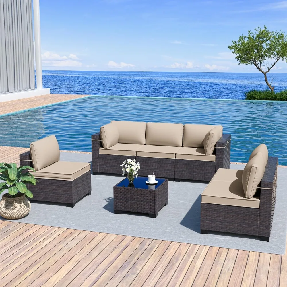 

Rattan Patio Conversation Set With Thickened Cushions and Glass Coffee Table Dining Room Sets Outdoor Patio Furniture Sand Chair