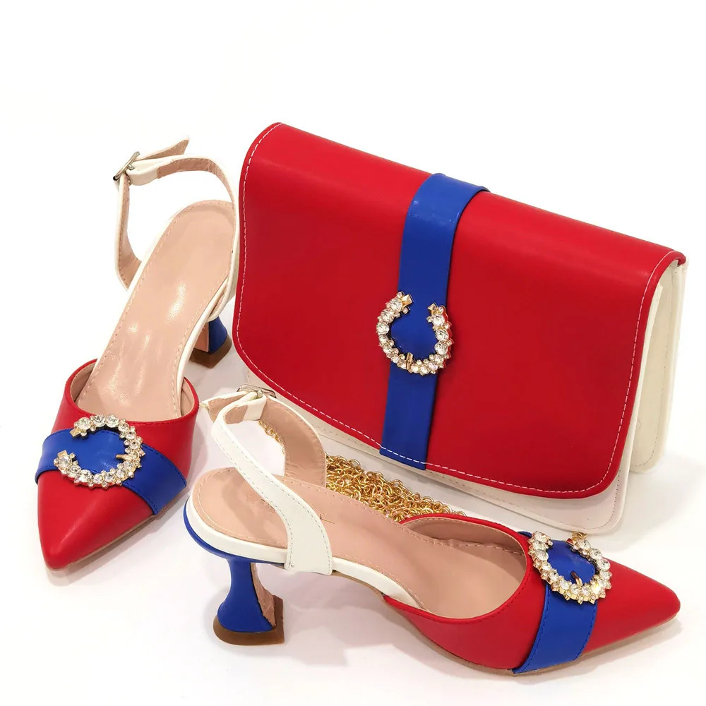 

Gorgeous Red Women Pointed Toe Shoes Match Handbag With Crystal Decoration African Dressing Pumps And Bag Set CR931,Heel 8CM