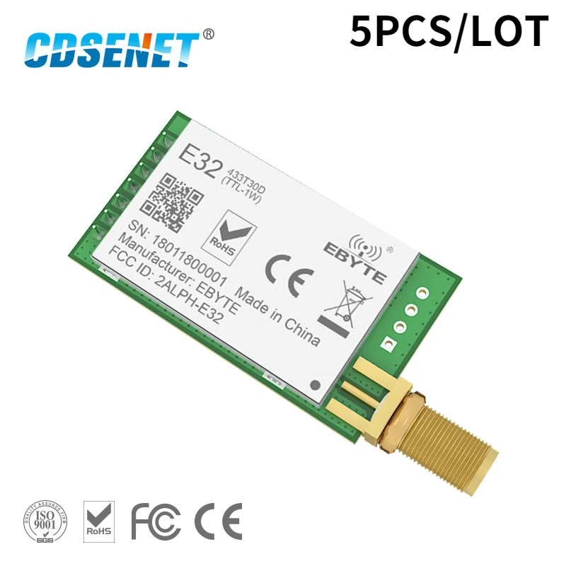 5PCS LoRa SX1278 433MHz Module Transmitter Receiver 8km E32-433T30D UART Long Range 433 MHz 1W Wireless Rf Transceiver CDSENET 5pcs e22 400t30s v2 1 lora 433mhz wireless transmitter and receiver 30dbm uart smd rf module built in pa lna stamp ipx iot